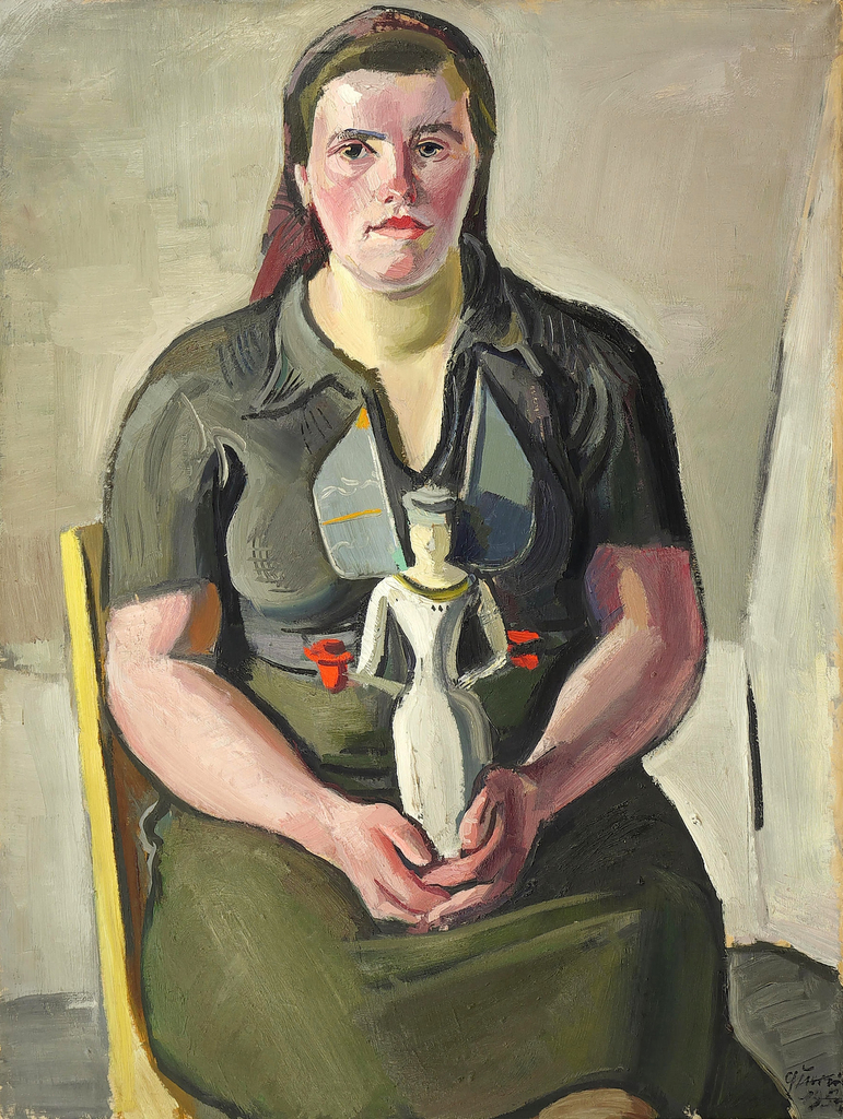 Querner, Curt_Bäuerin mit Leuchterengel_1954_Öl Pap_98x74_PB DD_Gal Gebr Lehmann
